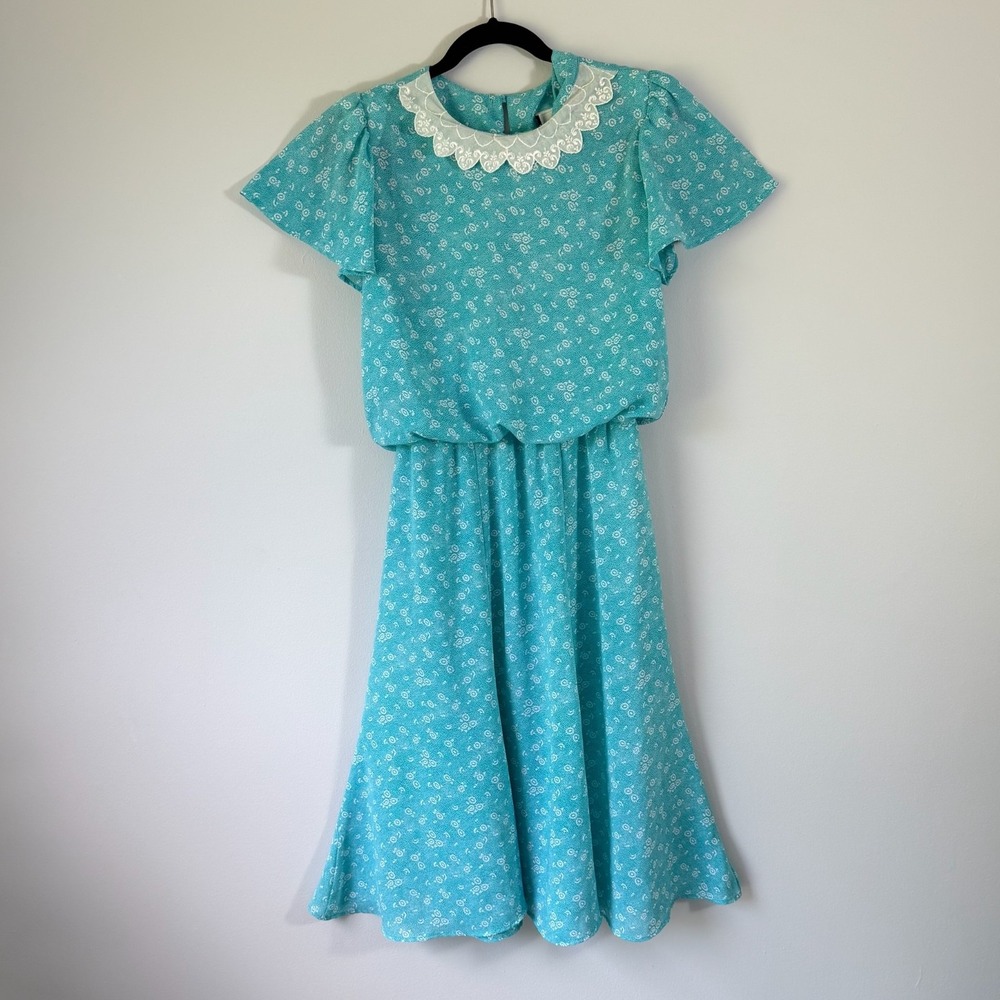Vintage 80s‎ Midi Dress Carriage Court Aqua Prairie Lace Collar Cottagecore S/M